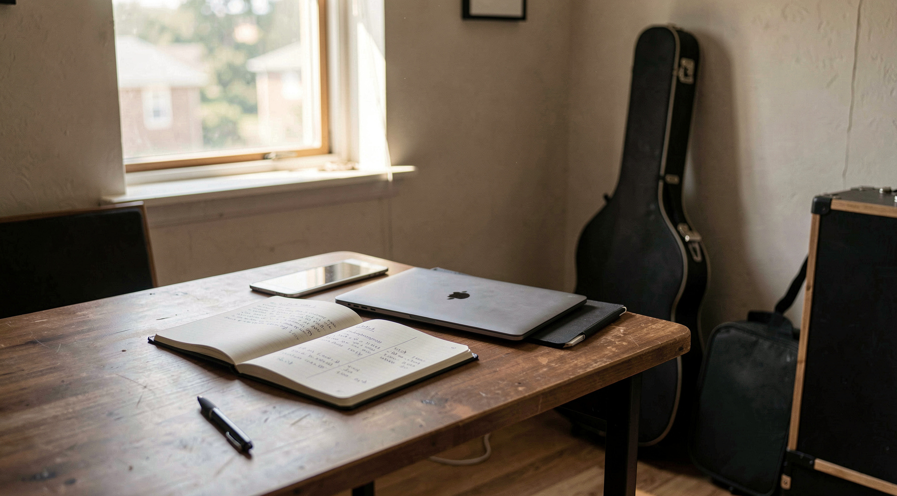 A small desk in a rented rehearsal room, an open notebook with a handwritten budget beside a laptop, a guitar case leaning against the wall, late afternoon light through a high window, medium shot from desk height.
