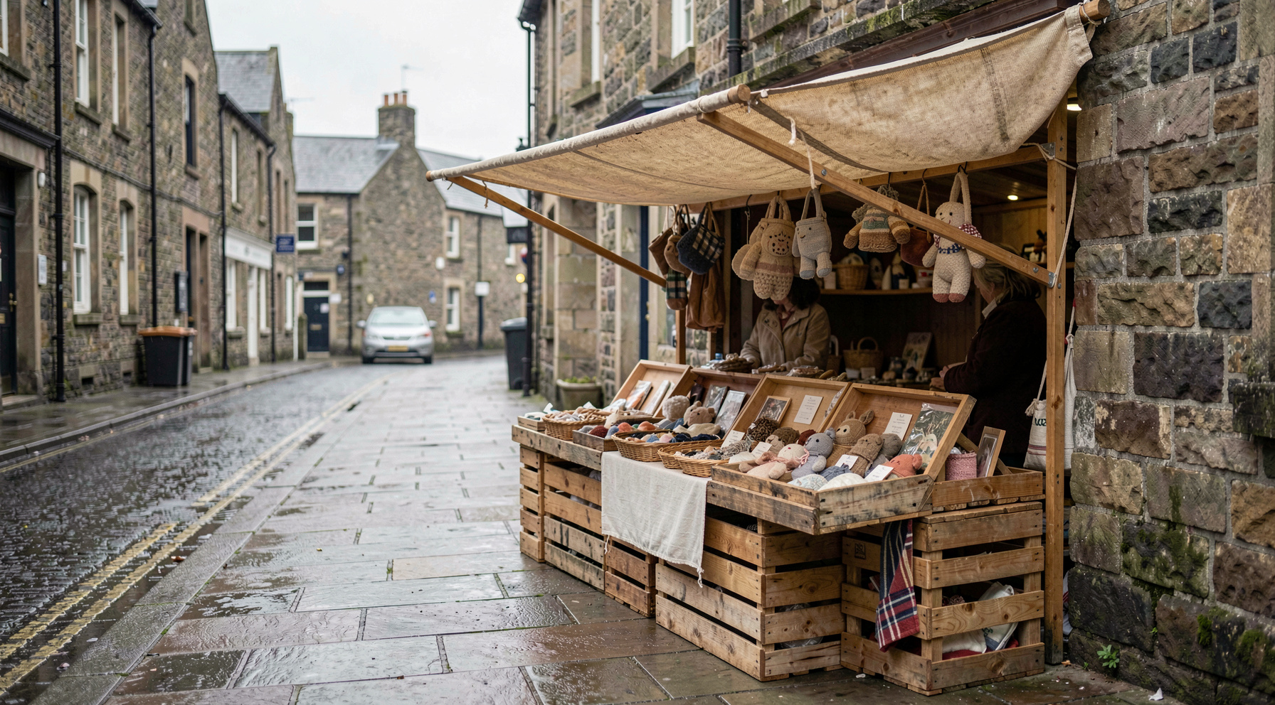 A small market stall on a wet Scottish street, wooden crates of handmade goods under a canvas awning, soft overcast light, medium shot from the pavement.